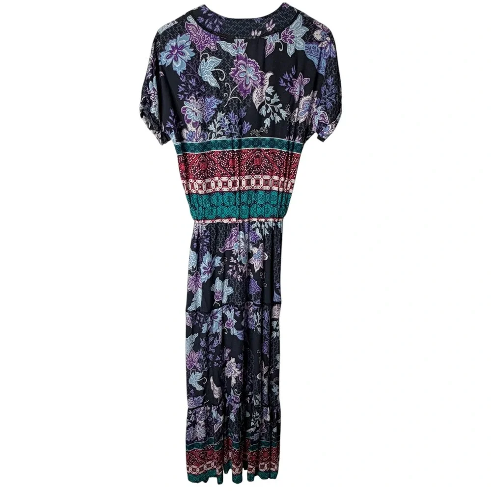 JAASE Women's Small Boho Floral Geometric Tiered V-Neck Maxi Dress Navy Blue